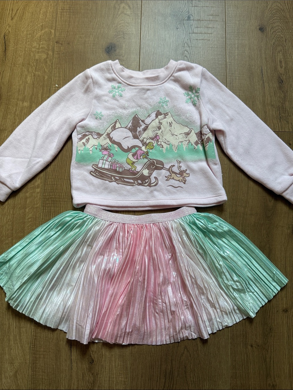 Girls Kids Pink & Mint Grinch Sledding Sweater with Ombre Pleated Skirt Set